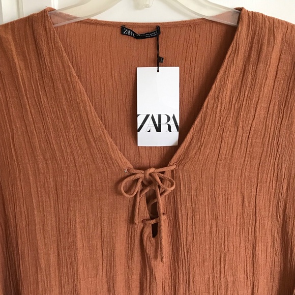 ZARA Dress Kaftan Coverup Lace Up Tie V Neck Frayed Hem Terra-Cotta Size Large - Picture 2 of 16